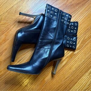 bebe - Black Leather Studded Ankle Boots – Edgy Stiletto Heels